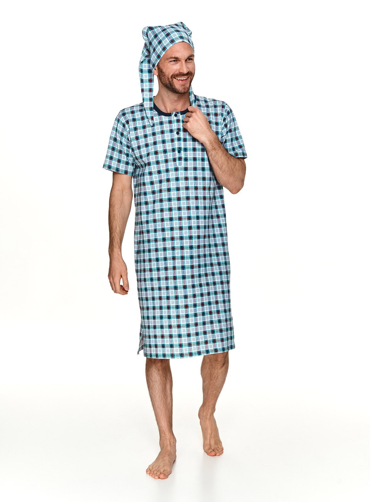 Károvaná pánska nočná košeľa s čiapkou na spanie