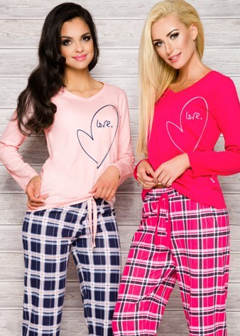 Dámské pyžamo s káro kalhotami - srdce - Love