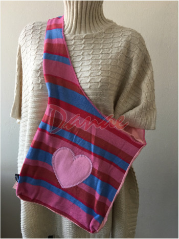 Originální pletená brašna přes rameno - Srdce - růžová/modrá