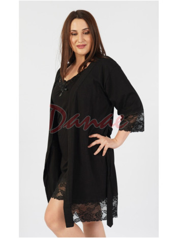 Dámská černá bavlněná souprava s krajkou - košilka a župan