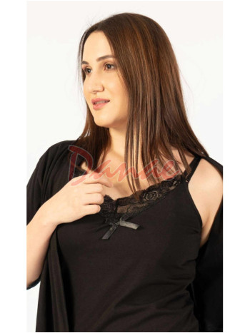 Dámská černá bavlněná souprava s krajkou - košilka a župan