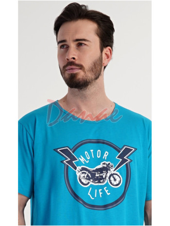 Pánská noční košile s motorkou krátký rukáv tyrkysová