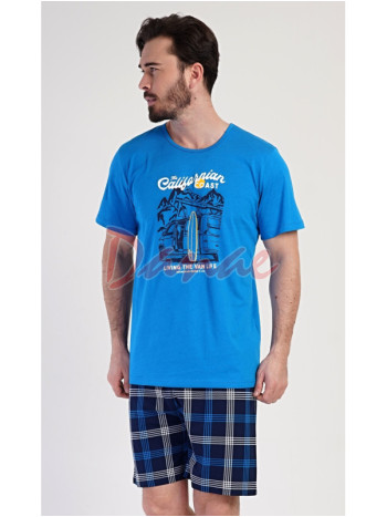 Pánské pyžamo krátké káro šortky California modrá