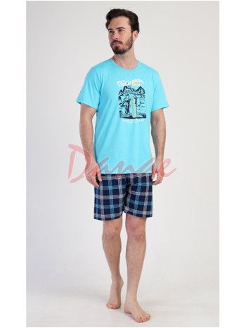 Pánské pyžamo krátké káro šortky California tyrkysová