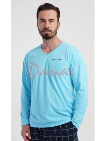 Pánské pyžamo dlouhé Freedom káro kalhoty tyrkysová