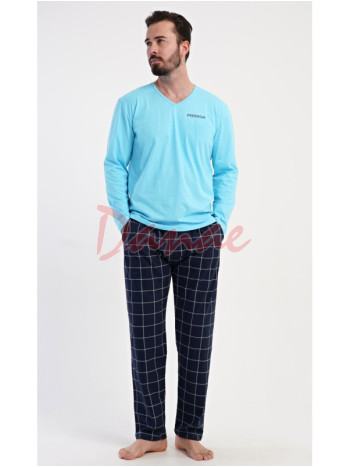 Pánské pyžamo dlouhé Freedom káro kalhoty tyrkysová