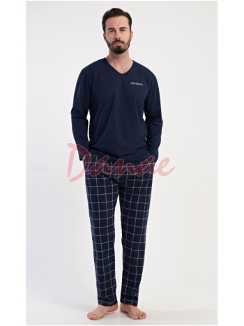 Pánské pyžamo dlouhé Freedom káro kalhoty modrá