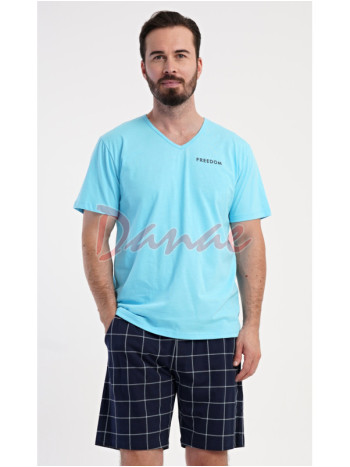 Pánské pyžamo krátké Freedom káro šortky tyrkysová