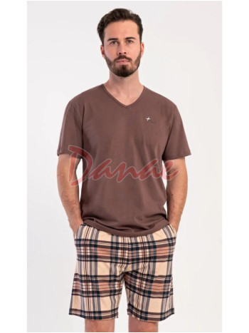 Pánské pyžamo krátké Norbert káro šortky hnědá