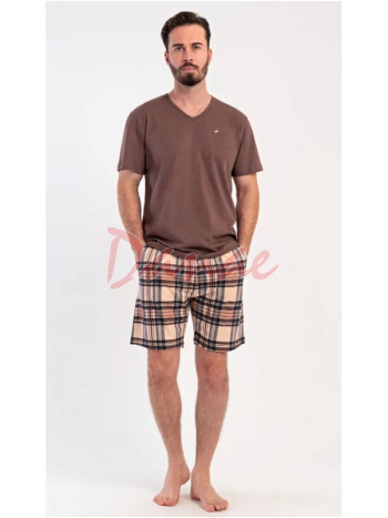Pánské pyžamo krátké Norbert káro šortky hnědá